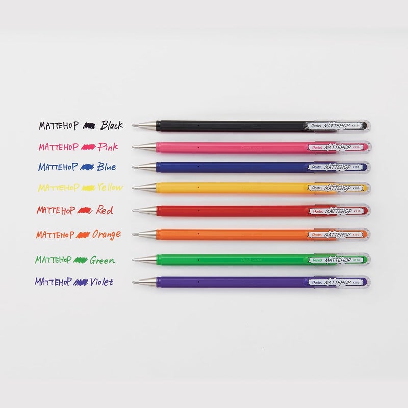 بنتل أسطوانة جل Pentel Arts Hybrid MATTEHOP، 1.0 مم، برتقالي غير لامع، أصفر غير لامع، وردي غير لامع، بنفسجي غير لامع، عبوة من 4 أقلام (K110VBP4M1) - Image 4